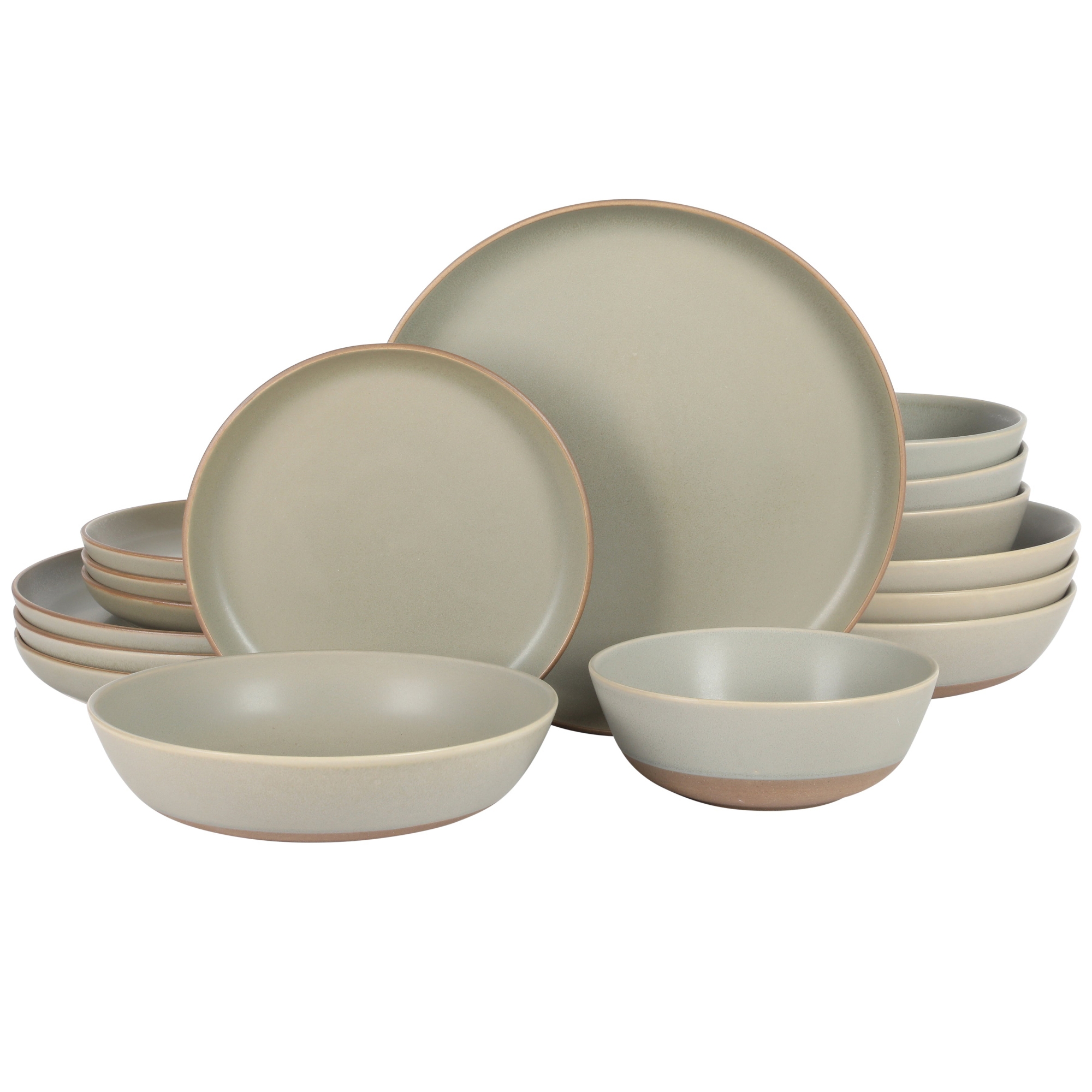 Gibson Elite Laguna Bliss 16 Piece Stoneware Reactive Glaze (Service for 4) Matte Green W/ Terracotta Bottom