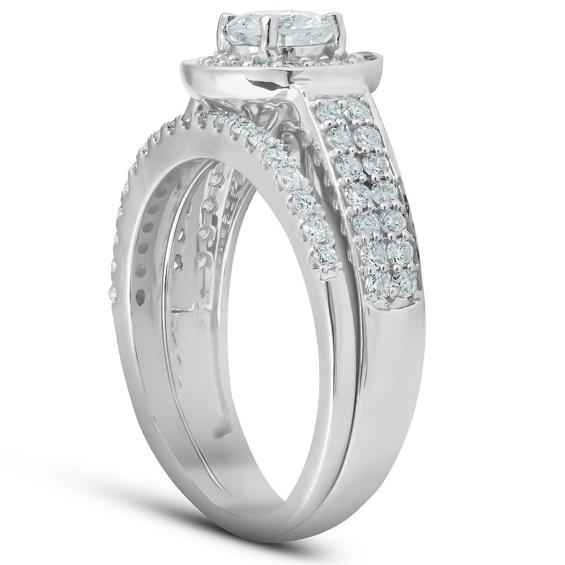 Pompeii3 1 1/4 Ct Diamond Halo Double Band Engagement Ring & Wedding Band Set White Gold, 3 of 5
