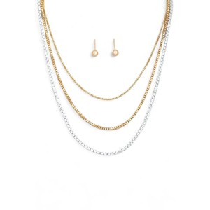 Slickblue Layered Color Chain Necklace Set With Small Ball Earrings, Fashion Jewelry for Women, White Gold/Navy Gold - 1 of 3