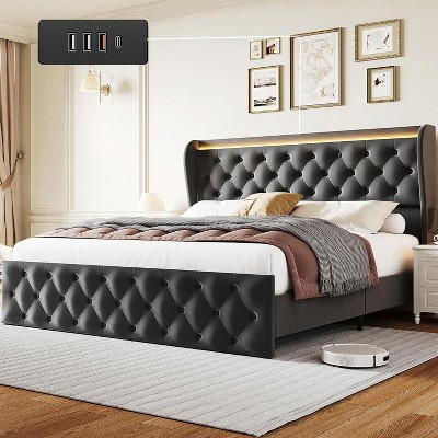 Homhougo King LED Platform Bed Frame with Charging Station, Velvet Upholstered Bed Frame with Button Wingback Headboard, No Box Spring Needed, Gray