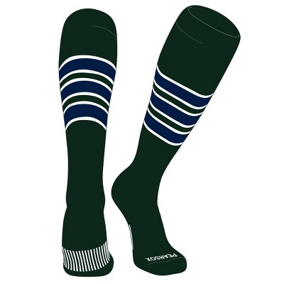 PEAR SOX Striped OTC Baseball, Softball, Football Socks (C) Forest Green, White, Navy (XL)