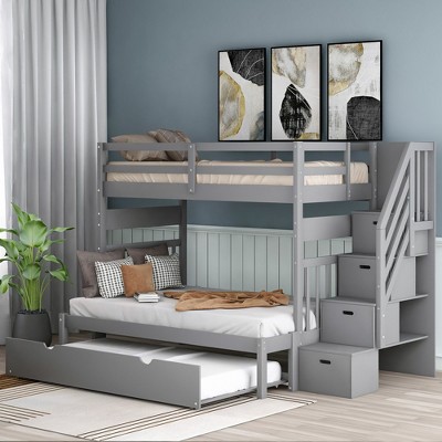 NicBex Twin over Twin/Full Bunk Bed Convertible Triple Bed Frame with Scroll Wheels, Guardrails and Storage Stairs, No Box Spring Required