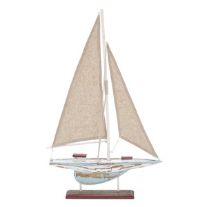 Olivia & May 22" x 14" Decorative Coastal Pine Wood and Linen Sailing Boat Sculpture: Ornamental Marine Decor, Tabletop Accent - 1 of 4
