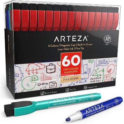 Arteza Dry Erase Markers, Fine Tip (Red, Blue, Green, Black) for the Classroom, Office, Home, or School - 60 Pack (ARTZ-8897)