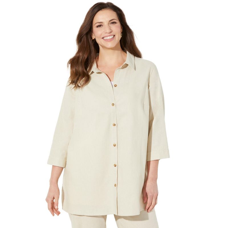 Catherines Women's Plus Size Classic Linen Buttonfront Shirt, 1 of 2