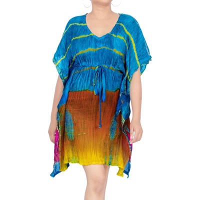LA LEELA Women's Beachwear Summer Swim Beach Cover Ups for Swimwear Women Swimsuit Coverups for Women Short Duster Dress Medium Blue, Tie Dye Design