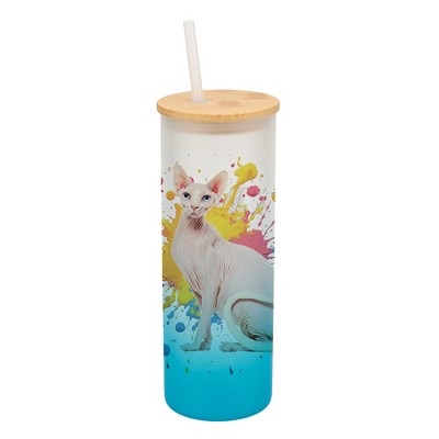 100 North 25 Ounce Frosted Glass Gradient Travel Tumbler With Straw & Wooden Lid, Sphynx Cat Paint Splatter Sky Blue