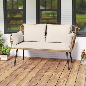 Costway Patio Wicker Loveseat Furniture with Seat Back Cushions, Heavy-Duty Metal Legs Off-White/Black - 1 of 4