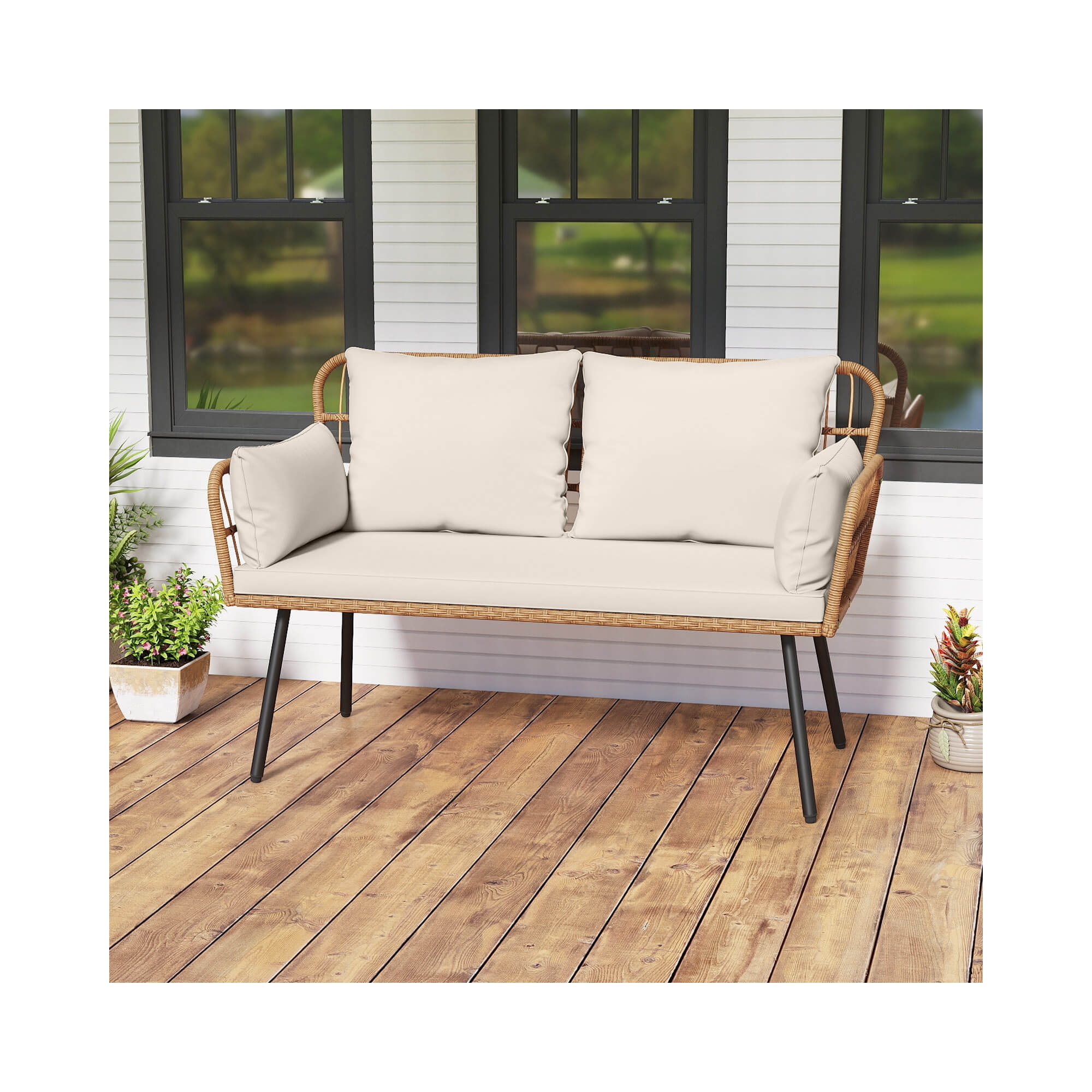 Costway Patio Wicker Loveseat Furniture with Seat Back Cushions, Heavy-Duty Metal Legs Off-White