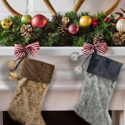 Gray Faux Fur Christmas Stocking with Corduroy Cuff and Pom Poms
