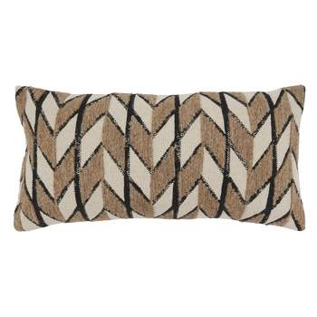 Saro Lifestyle Chevron Embroidered Block Print Pillow - Down Filled, 12"x24" Oblong, Natural