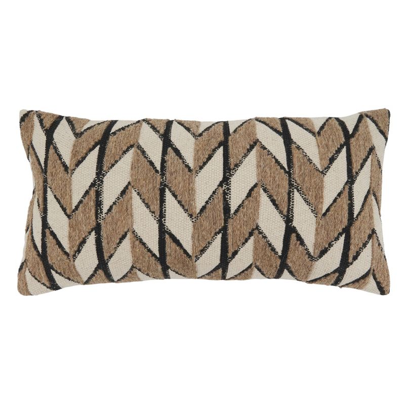 Saro Lifestyle Chevron Embroidered Block Print Pillow - Down Filled, 12"x24" Oblong, Natural, 1 of 3