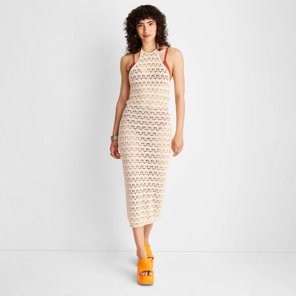 Women's Halter Tie Neck Open Knit Crochet Midi Sweater Dress - Future Collective™ with Alani Noelle Tan XXS