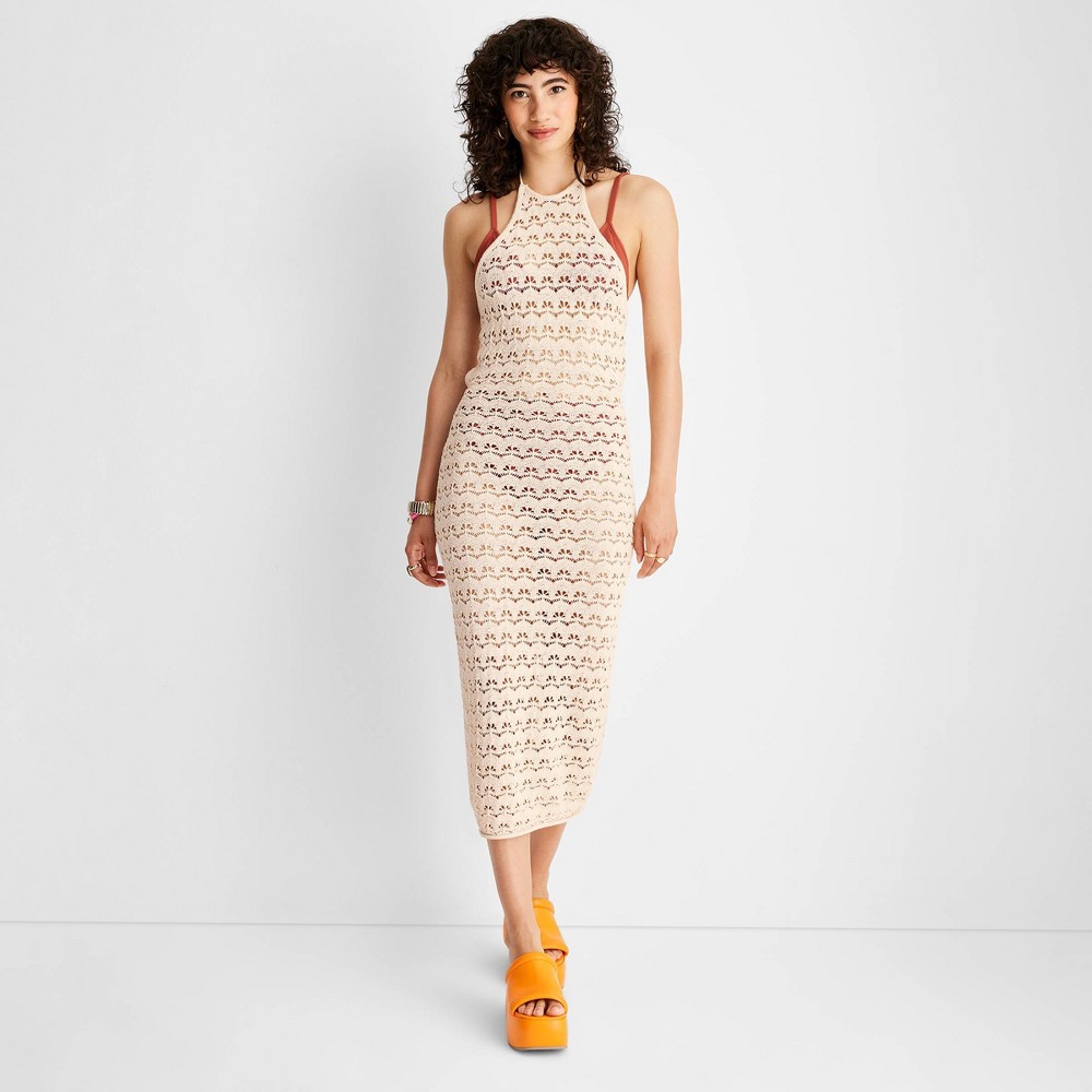 Women's Halter Tie Neck Open Knit Crochet Midi Sweater Dress - Future Collective™ with Alani Noelle Tan L