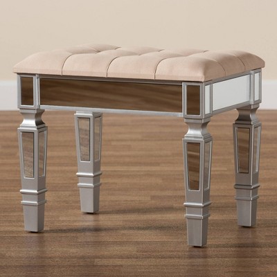 Elegant Beige Fabric Button-Tufted Ottoman with Silver Wood Frame
