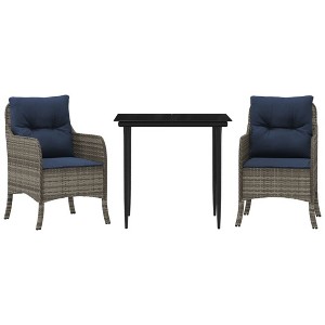 vidaXL 3Pc Patio Dining Set - Gray Poly Rattan w/Cushions, Tempered Glass Table, UV-Resistant for Garden & Outdoor Use - 1 of 4