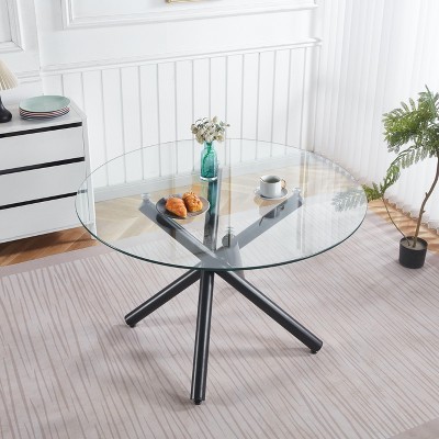 NicBex Space Saving Round Glass Dining Table with Cross Metal Legs,Modern Kitchen Table Bar Table,Dining Room Furniture