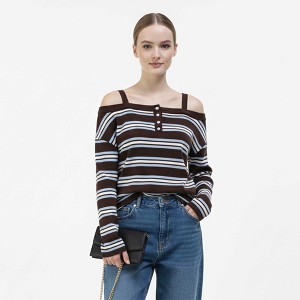 Cherie Code Women’s Ribbed Top – Stripe Pattern, Cold Shoulder, Button Placket - 1 of 4