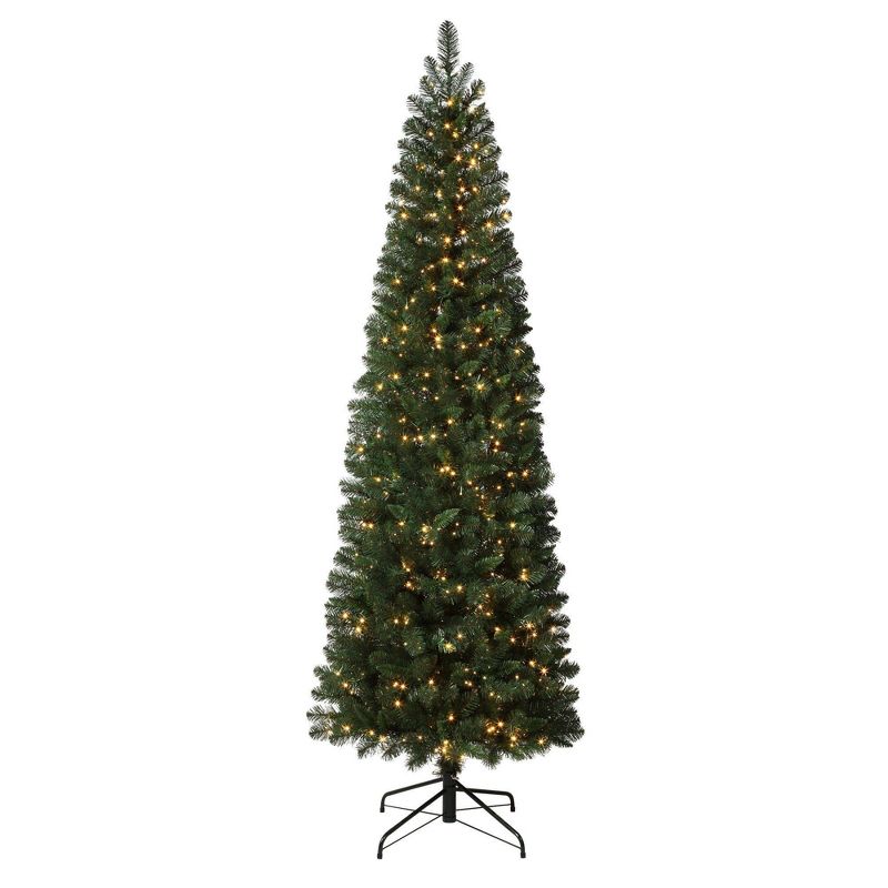 Haute D&#233;cor 7.5&#39; Pre-Lit LED Pencil Deerfield Spruce Artificial Christmas Tree White Cluster Lights, 1 of 5