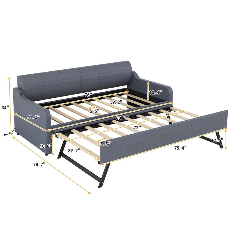 Twin Size Upholstery Daybed with Adjustable Trundle Bed and USB Port-ModernLuxe, 4 of 12