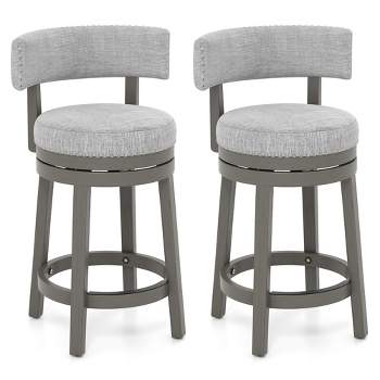 Tangkula Set of 2 Upholstered Swivel Bar Stools Wooden Counter Height Kitchen Chairs Gray