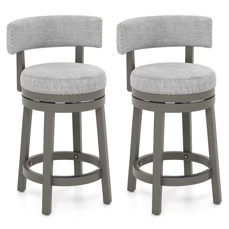 Tangkula Set of 2 Upholstered Swivel Bar Stools Wooden Counter Height Kitchen Chairs Gray, 1 of 9