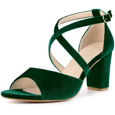 Perphy Women's Criss Cross Strap Faux Velvet Open Toe Block Heel Sandals