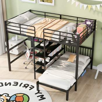 Full Over Twin Metal Bunk Bed with Built-in Desk, Shelves and Ladder-ModernLuxe
