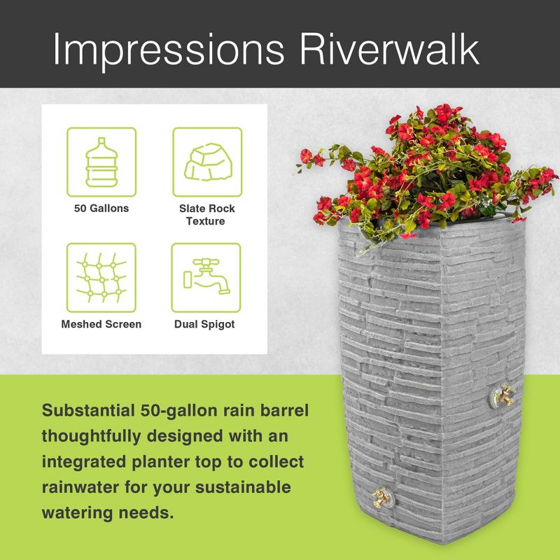 Good Ideas Impressions Riverwalk 50-Gallon Faux Slate Surface Dual Spigot Locations Rain Barrel w/2 Brass Spigots & Screen, Light Granite, 3 of 8