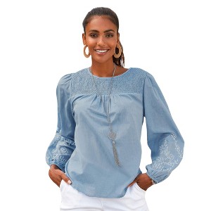 Women's Floral Embroidered Sleeve Blouse Shirt - LASCANA - 1 of 4