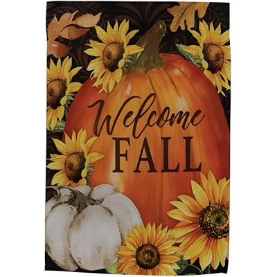 Slickblue "Welcome Fall" Flag – Autumn Pumpkins, Sunflowers, and Leaves on Brown Swirled Background, 18" x 12.5"