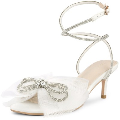 Perphy Women's Mesh Bow Lace Up Rhinestones Strap Kitten Heel Sandals