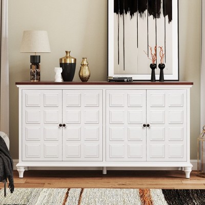 Retro Mid Century Sideboard Buffet Cabinet, Accent Console Cabinet with Plaid Pattern Doors, Kitchen Storage Cabinet Credenza with Solid Wood Legs