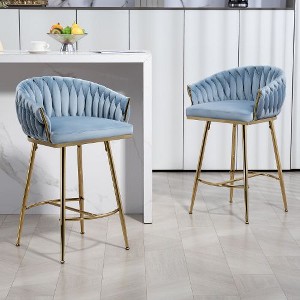 Kumasinova 26" Counter Height Bar Stools Set of 2, Velvet Dining Chair with Hand-Wave Back, Golden Chromed Base & Footrest, Upholstered Counter Stools - 1 of 4