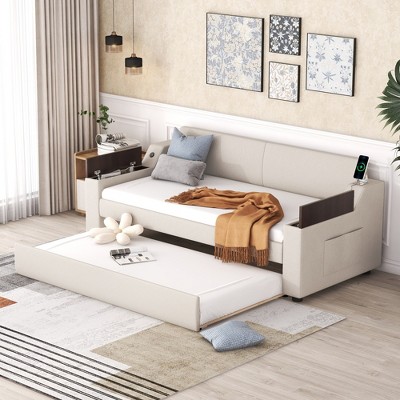 YOOCOZZ Twin Size Upholstery Daybed with Storage Arms, Trundle and USB Design - Beige