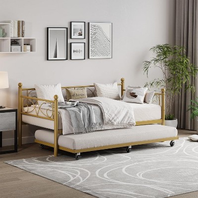 Twin Size Metal Daybed Frame with Trundle Heavy Duty Metal Slats, Mattress Foundation Platform Sofa Bed with Headboard for Bedroom