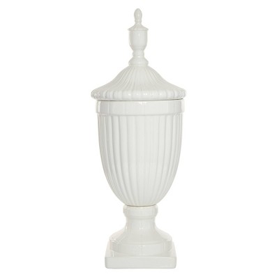 26" White Ceramic Tall Fluted Urn Vase with Lid