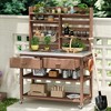 64.9"H Outdoor Potting Bench with Lockable Wheels, 100% Fir Wood Kitchen Island, Stainless Steel Top, Upper Hutch & Storage, Brown - 3 of 4