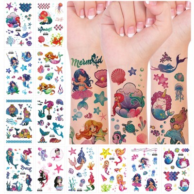 Wrapables Waterproof Glitter Temporary Tattoos, Birthday Party Favors and Supplies, Goodie Bag Fillers, 12 Sheets Mermaids