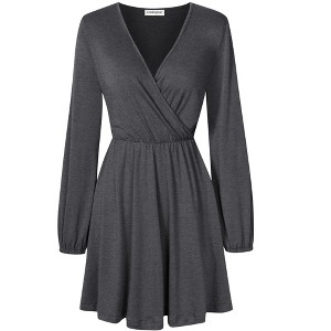 Women's Wrap V Neck Swing Long Sleeve Mini Dress Elastic Waist Fit Flare Dress - 1 of 4