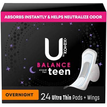 U by Kotex Balance Sized for Teens Ultra-Thin Pads with Wings - Overnight - Unscented - 24ct