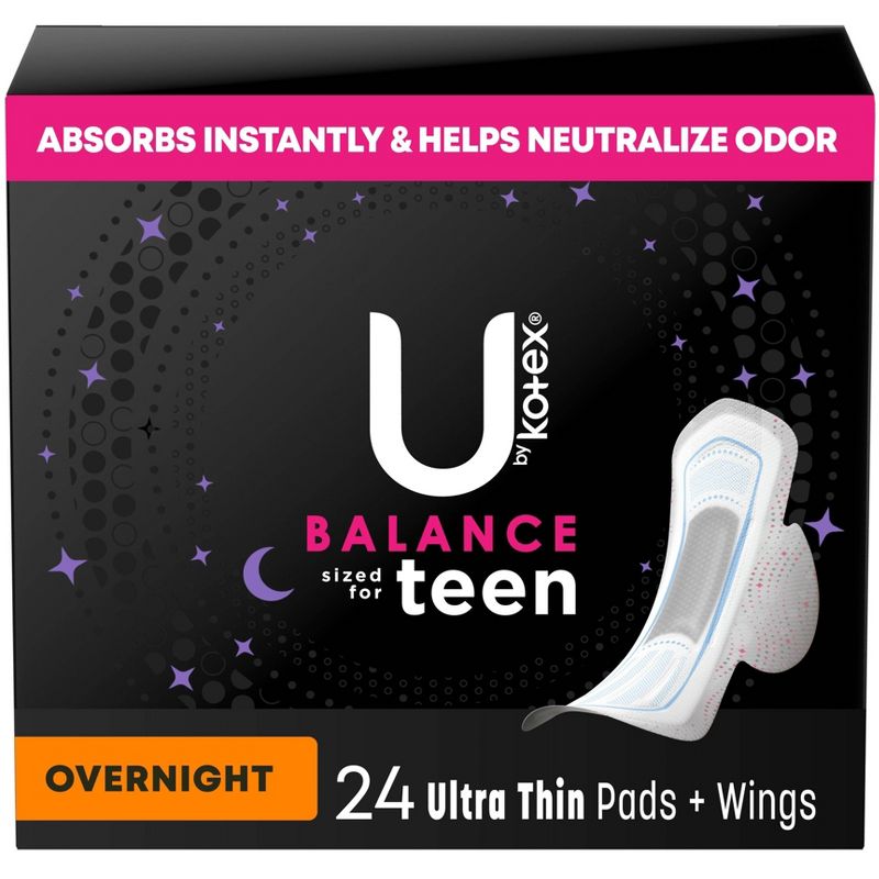 U by Kotex Balance Sized for Teens Ultra-Thin Pads with Wings - Overnight - Unscented - 24ct, 1 of 9