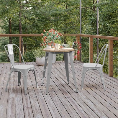 Declan 23.75" Round Brown Poly Resin Top Dining Table with Silver Steel Base