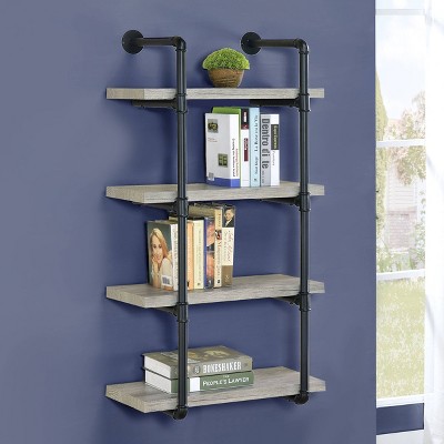Gray Driftwood Industrial Wall Shelf with Black Pipe Frame