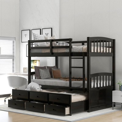 Streamdale Twin over Twin Wood Bunk Bed with Trundle and Drawers, Espresso