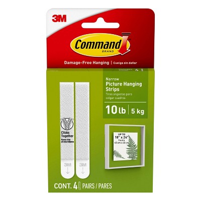 Command 4ct Narrow Picture Hanging Strips: Wall Sticky Adhesive, Small Plastic Mount, White
