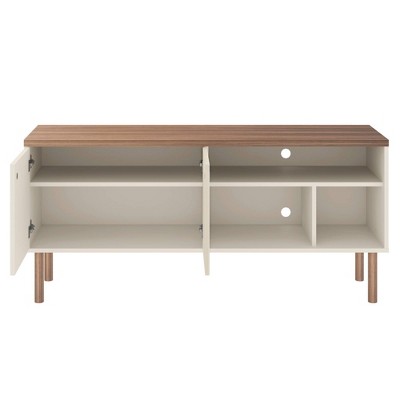 Scandinavian-Modern Off White and Natural Wood TV Stand with Storage