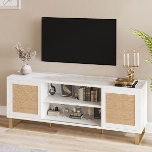 58” Rattan TV Stand for 65 Inch TV, Farmhouse Boho Entertainment Center with Storage Wood TV Media Console Table for Living Room Bedroom - 1 of 4