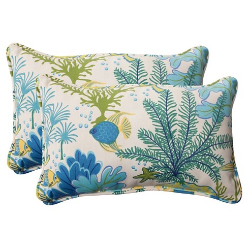 Outdoor 2 Piece Lumbar Toss Pillow Set Green Blue Ocean Scene