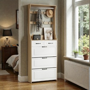 Mshliw Tall Wooden Shoe Cabinet with 3 Flip Doors 2 Drawers and Coat Hooks Freestanding Narrow Entryway Shoe Storage Organizer - 1 of 4